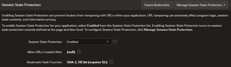 Screenshot of Session State Protection settings the shared components