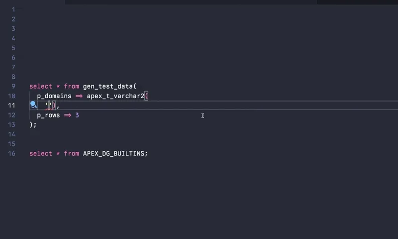 The user types in apex data generator in the Alfred search bar. The Alfred window shows a list of domains with their friendly names. The user types in city to filter the list and then selects 'school.cities'. The word is typed out in a query editor window and then used with the macro to show results.