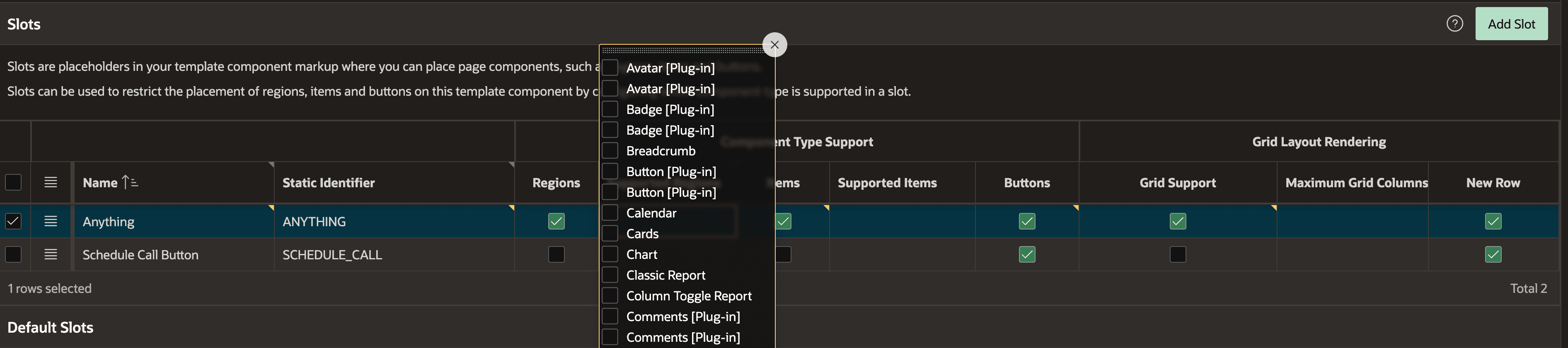 New row in the Slots table has regions, items and buttons checked. Next to regions is a column to filter types of regions, which shows a popup with a checkbox group of every region type.