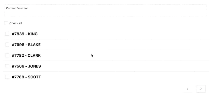 Video showing a list view with emp names. Left to the names is a checkbox that can be clicked. Above the list is another checkbox that checks everything on click.