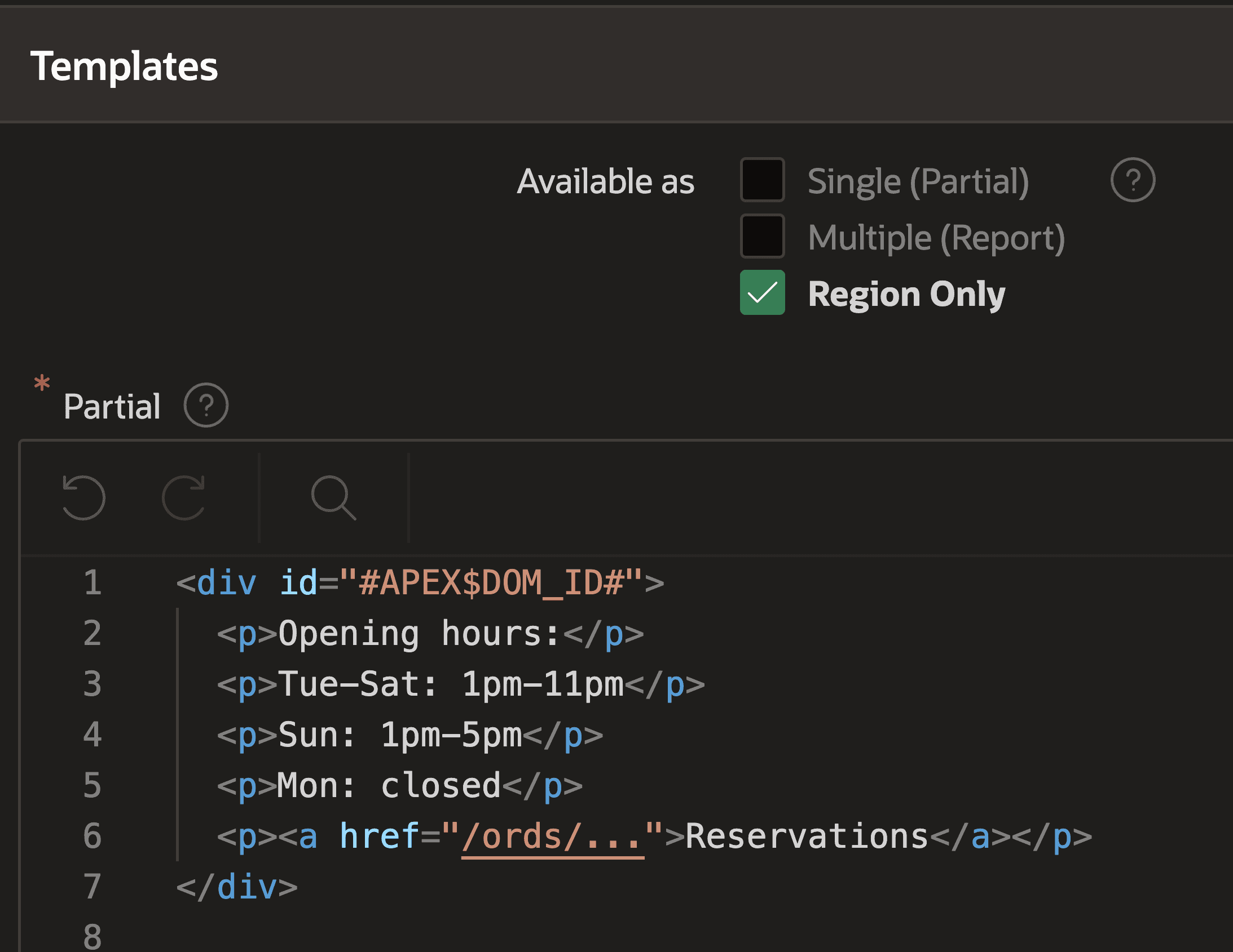 Template Component editor showing a checkbox 'Avaialble as'. Next Single and Multiple there is a new option called 'Region only'.