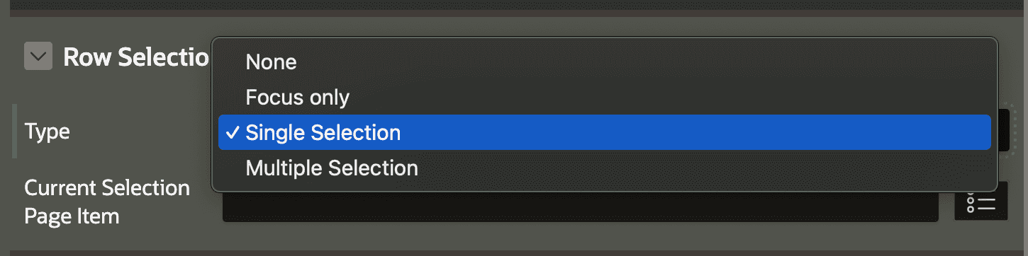 In the page designer attributes of a content row region is a new group called 'Row selection'. In there is a select list with the label type.