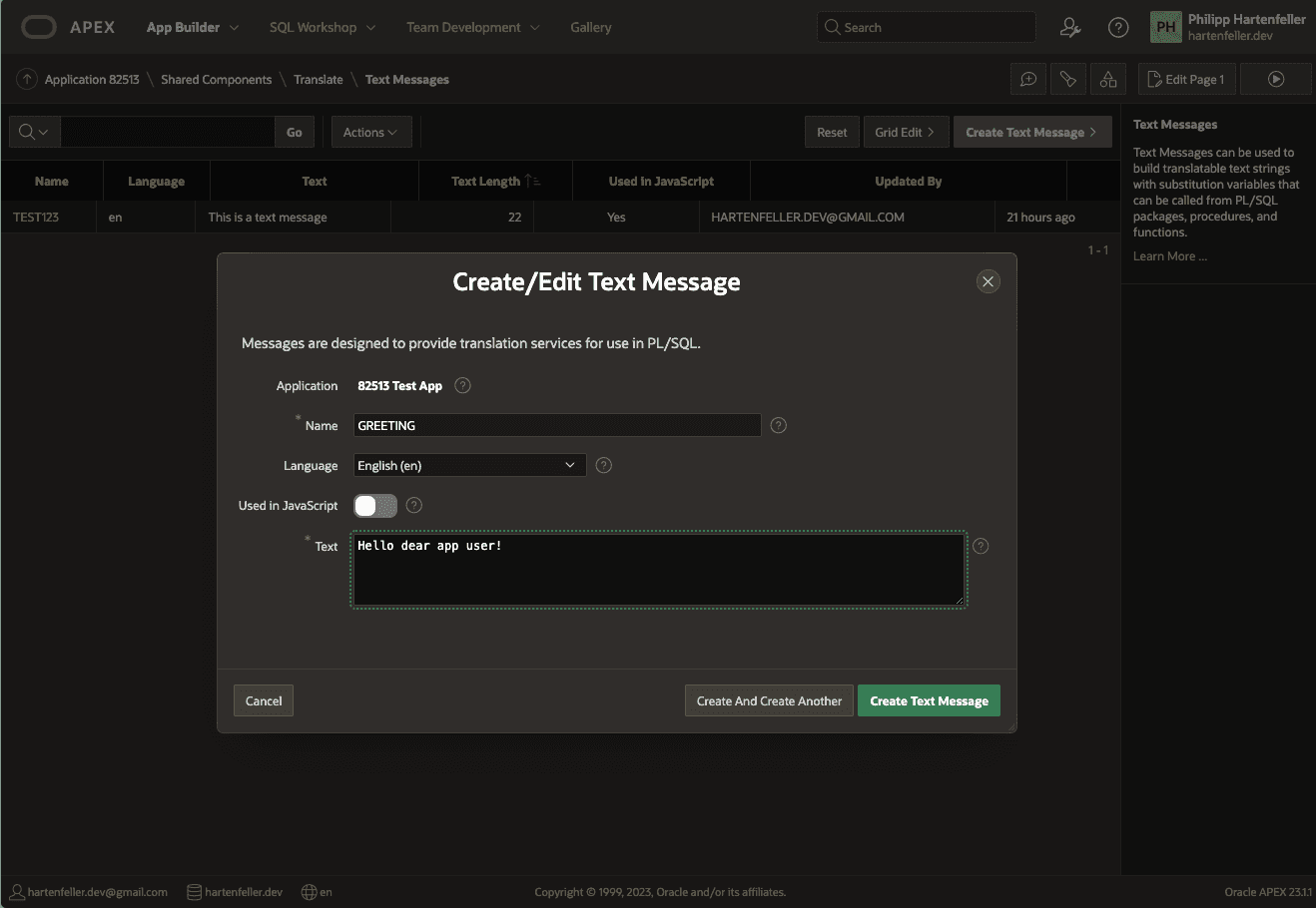 Screenshot of the dialog to create a new text message. It has the input fields for the name, the text, wether it can be used with JavaScript, and the language.