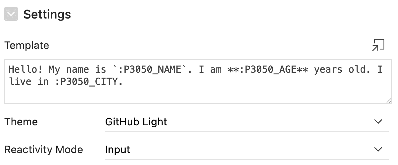 Screenshot of the attributes section of an instance of the plug-in. There are three attributes: Template, Reactivity Mode, and Theme.