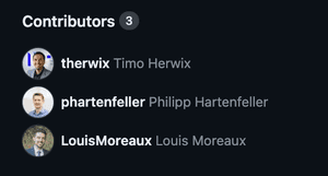 GitHub section with the title 'Contributors'. 3 people are listed with their image and name.