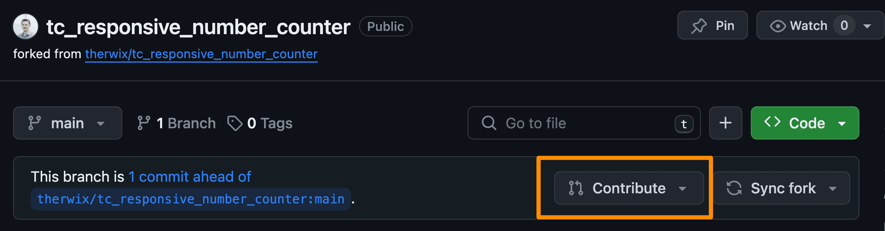 Screenshot of a GitHub repository. A button with the text 'Contribute' is highlighted.