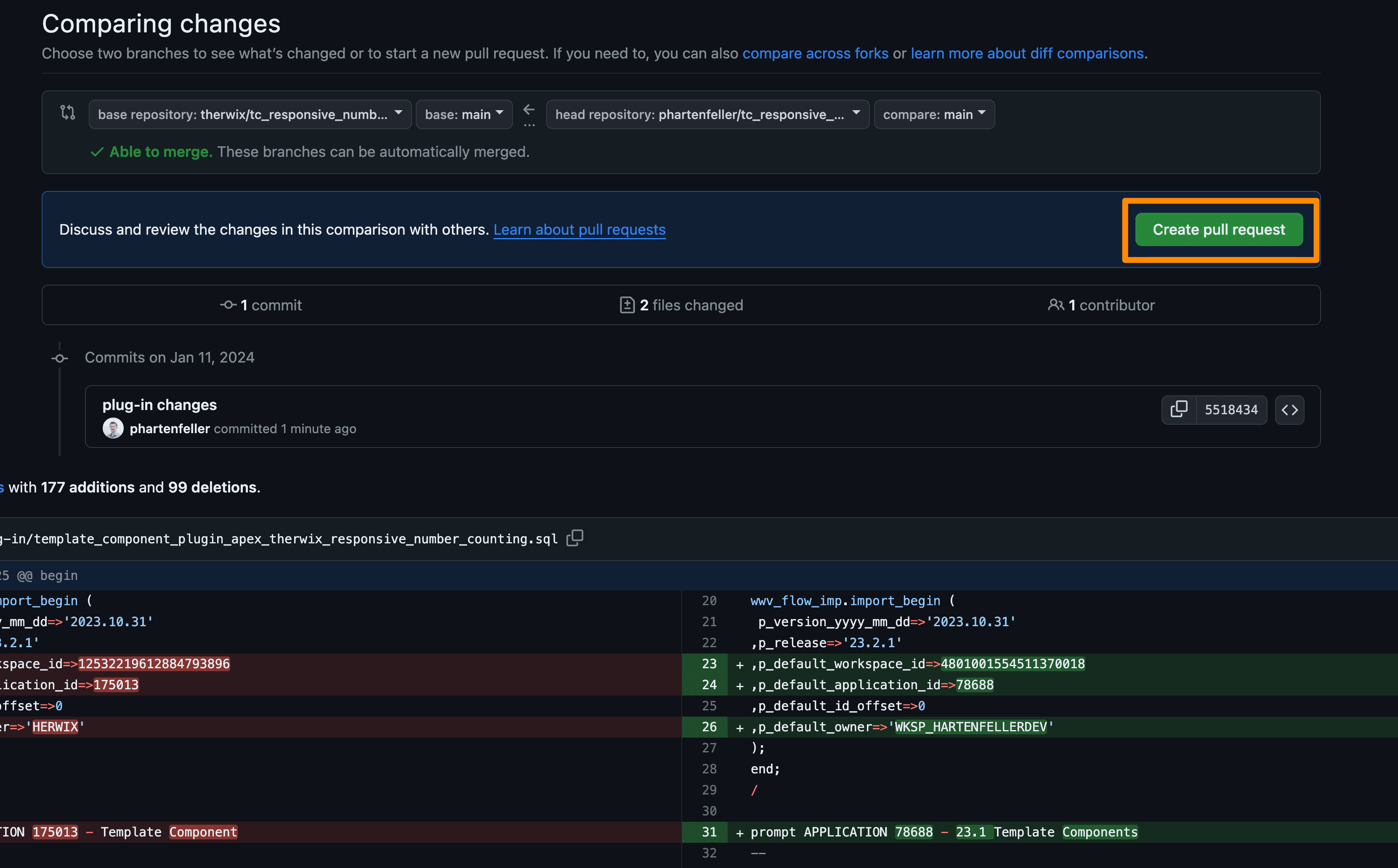 A GitHub page that has a diff-viewer of the changes. On the top a button with the text 'Create pull request' is highlighted.
