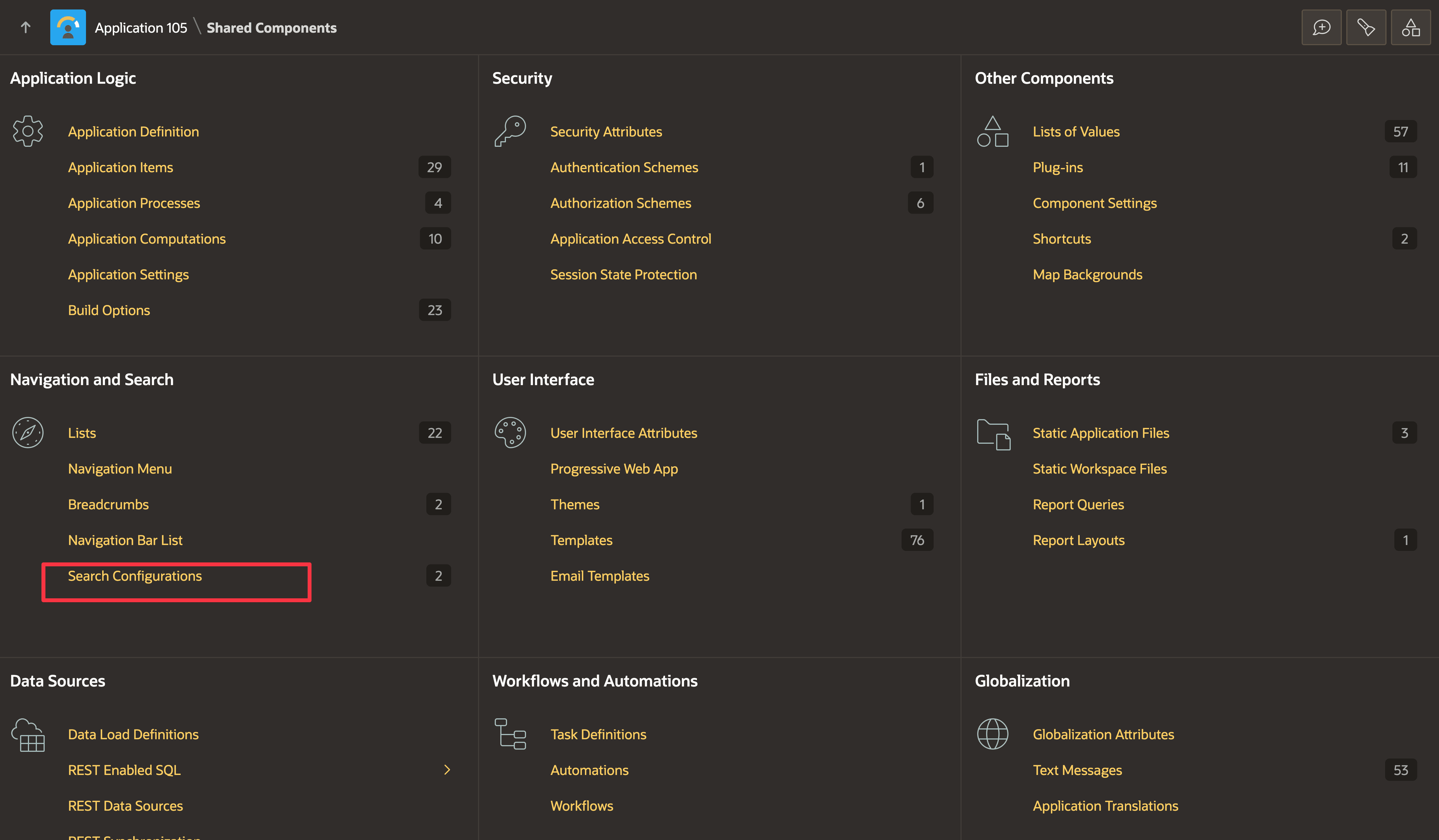 Screenshot of the shared components. The option 'Search configuration' appears under the section 'Navigation and search' and is highlighted.