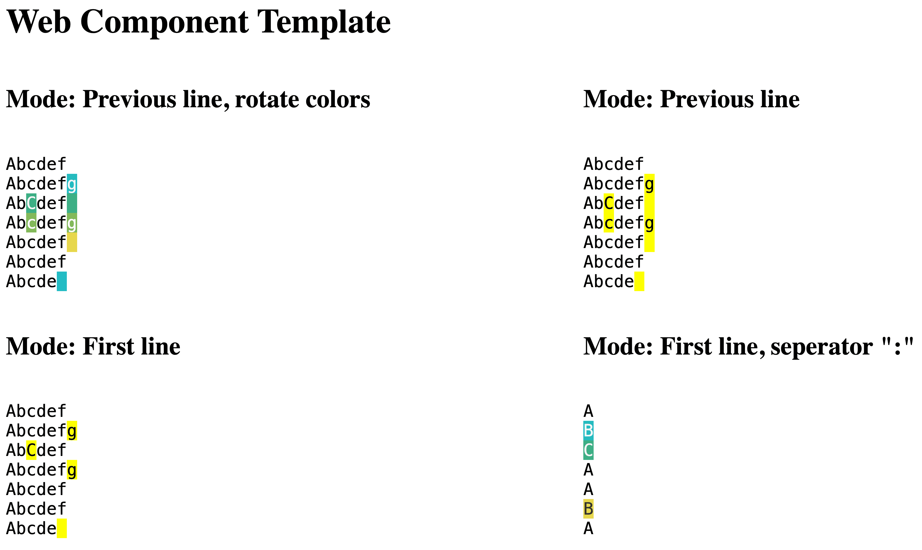 White unstyled page with four instances of the web component. They use different settings and show different results.