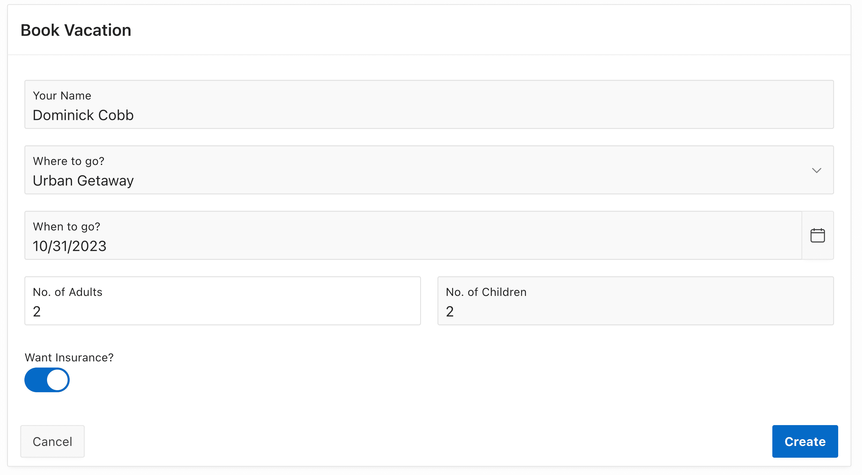 A default APEX form with the fields of the vac_bookings table.
