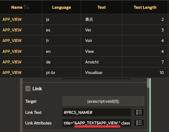 Shows the use of the substitustion string in the inline help of a page item. On the right side you see the result in the app with the replaced text.