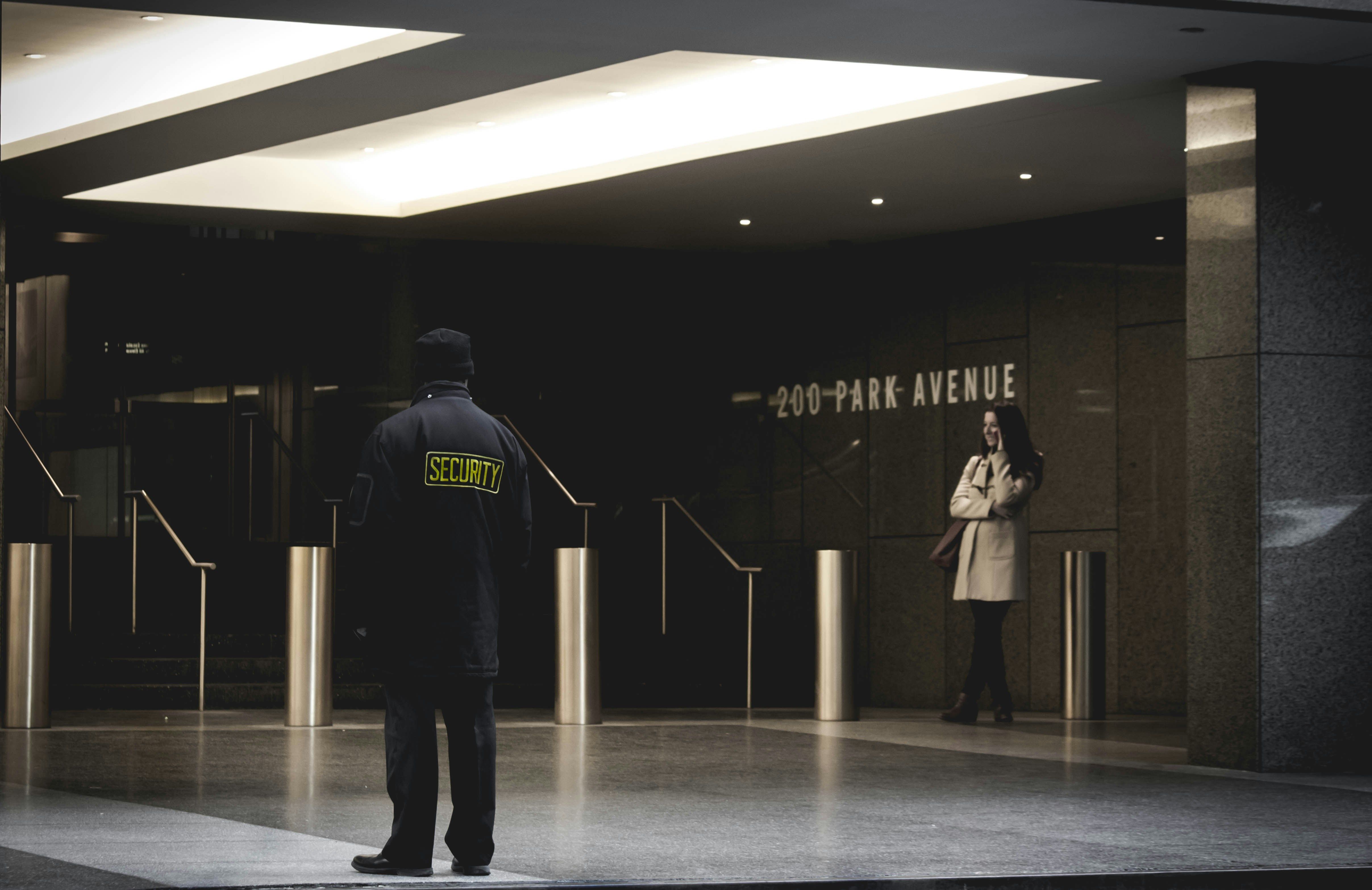 Building front with a security guard