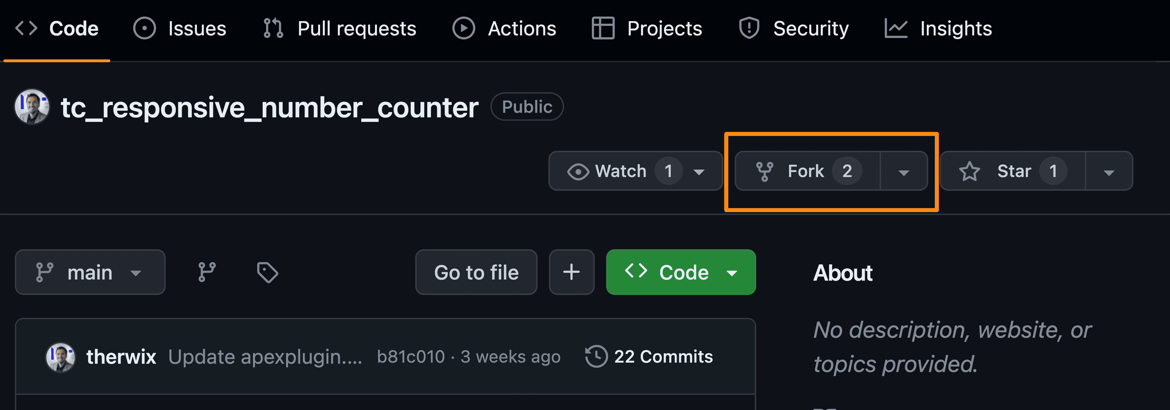 Screenshot of a GitHub repository. On the top left a button with the text 'Fork' is highlighted.