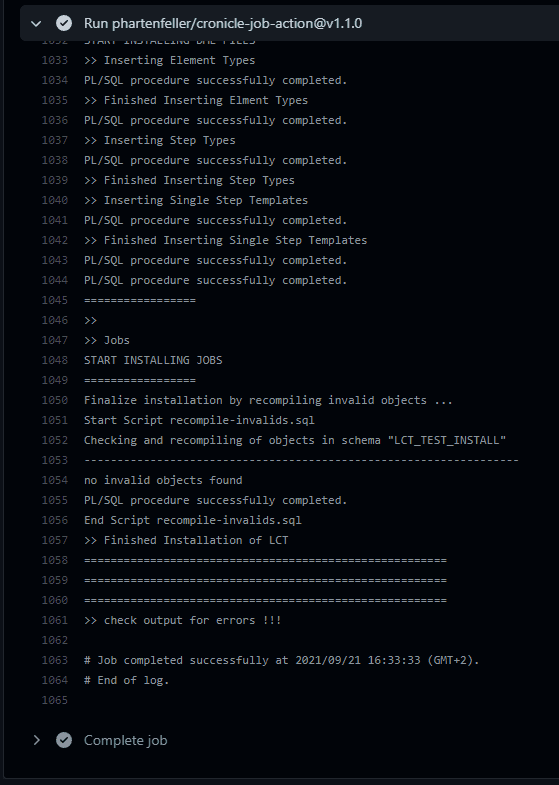 Screenshot of GitHub Actions output
