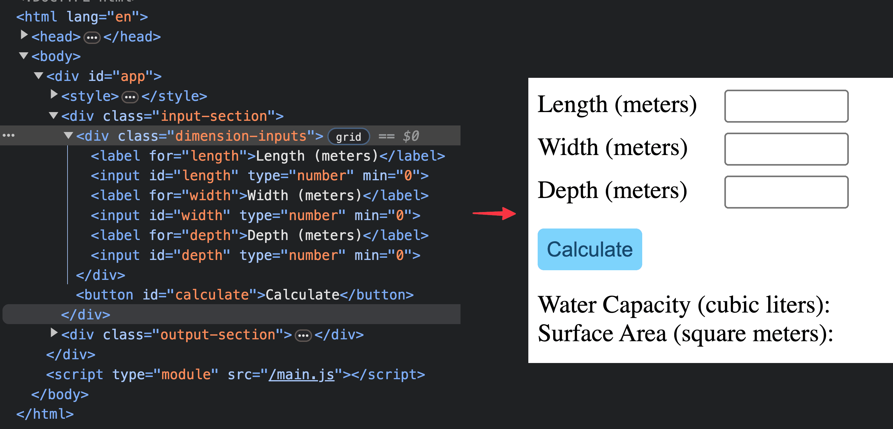 Screenshot of Chrome DevTools showing the HTML structure of the page with the template