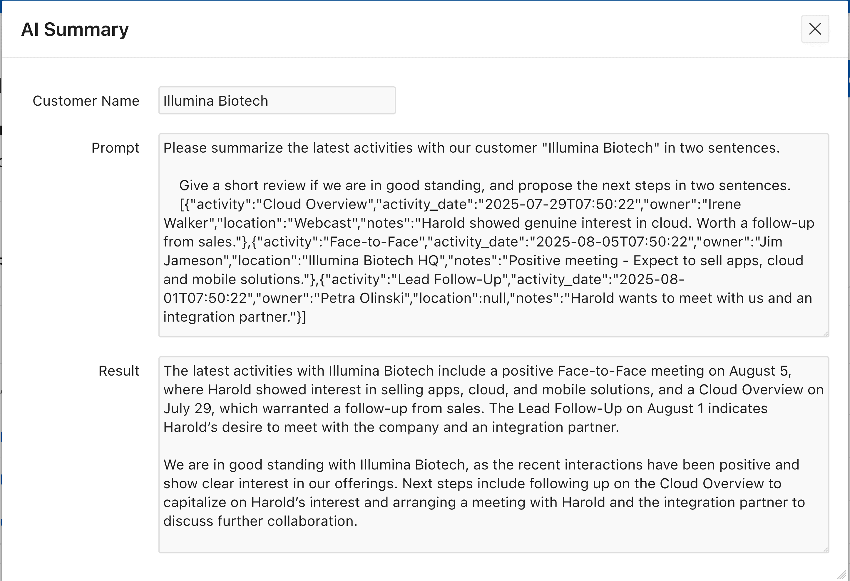 Modal dialog showing the prompt and the result. The AI did a good job summarizing the activities and proposing next steps.