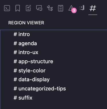 Screenshot of my VS Code with a right panel listing regions. I can click on them to jump to the region.