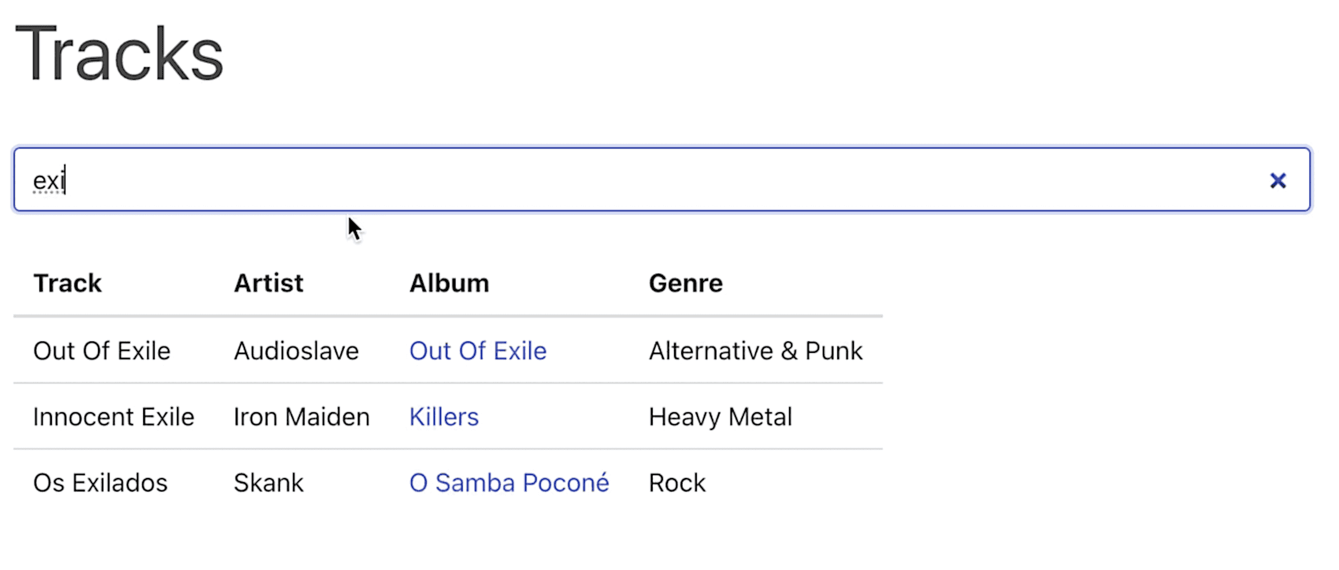 Tracks table being filtered by search term