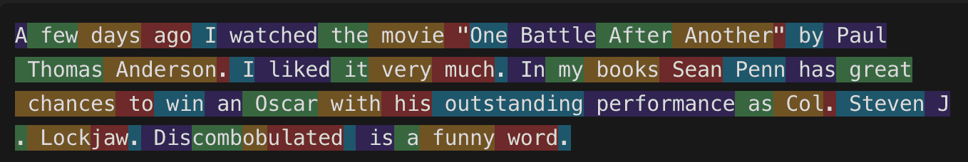 A few sentences about the movie 'One Battle After Another' broken down into tokens. It has 258 characters and 60 tokens with the GPT4o tokenizer.