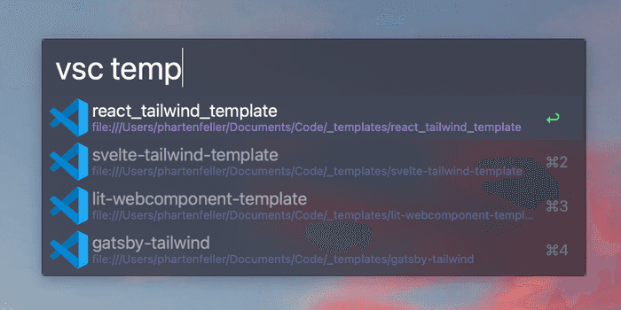 Screenshot of workflow in use. Query 'vsc temp' results in four VSCode workspaces.