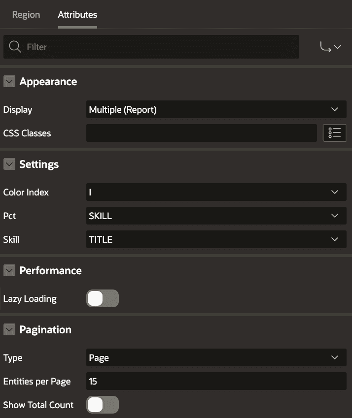 The attribute settings of the template component. The query columns are assigned to the placeholders. Additional settings are about display mode, lazy loading, and pagination.