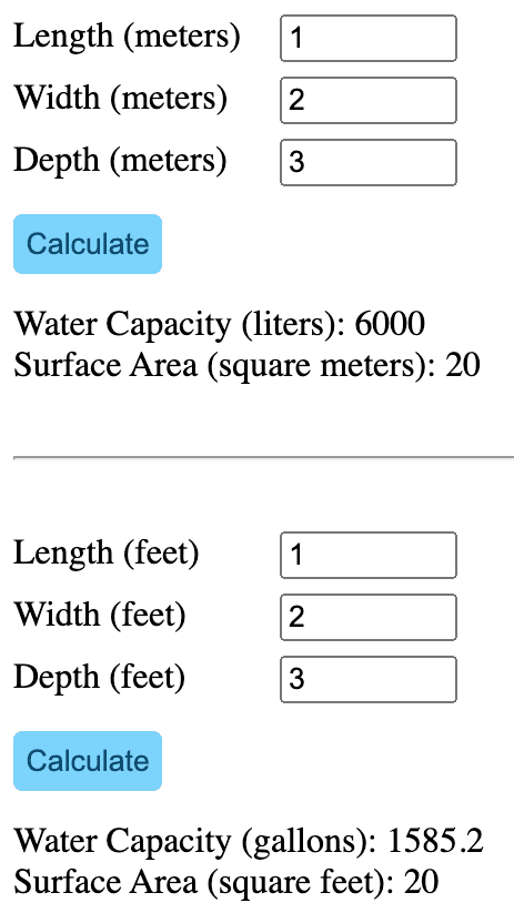 Screenshot of two versions of the component. First one has length, width and depth in meters and the second one in feet. Water capacity is in liters / gallons and surface area in square meters / square feet.
