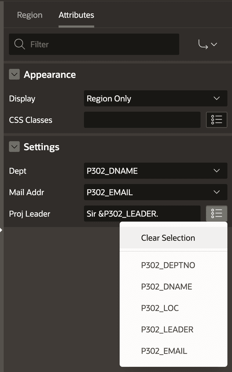 Page Designer on the attributes section of the template component. Under settings three attributes can be defined. Two are select lists the last is a text field with a button next to it that opens a popup to quickly select page items.