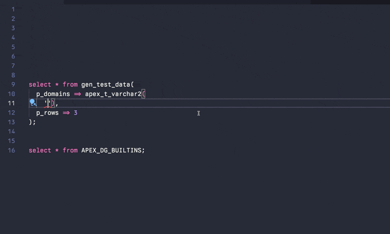 The user types in apex data generator in the Alfred search bar. The Alfred window shows a list of domains with their friendly names. The user types in city to filter the list and then selects 'school.cities'. The word is typed out in a query editor window and then used with the macro to show results.