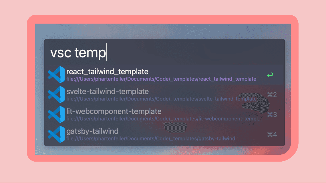 Screenshot of workflow in use. Query 'vsc temp' results in four VSCode workspaces.