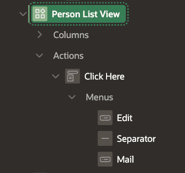 Template Component region actions in the Page Designer. Actions: 'Click Me' with the subpoint 'Menus' with the items: 'Edit', 'Separator', and 'Mail'.