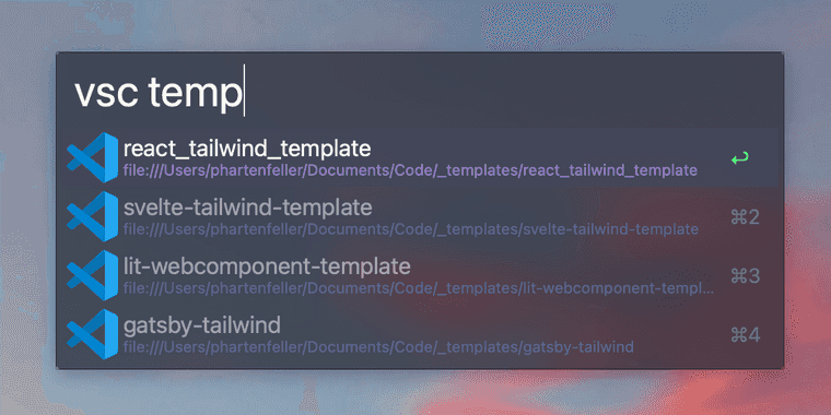 Screenshot of workflow in use. Query 'vsc temp' results in four VSCode workspaces.