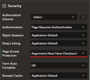 Screenshot of page level setting: Arguments Must Have Checksum
