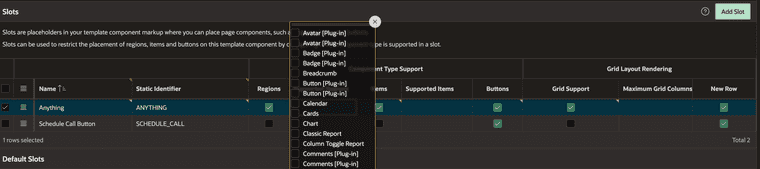 New row in the Slots table has regions, items and buttons checked. Next to regions is a column to filter types of regions, which shows a popup with a checkbox group of every region type.