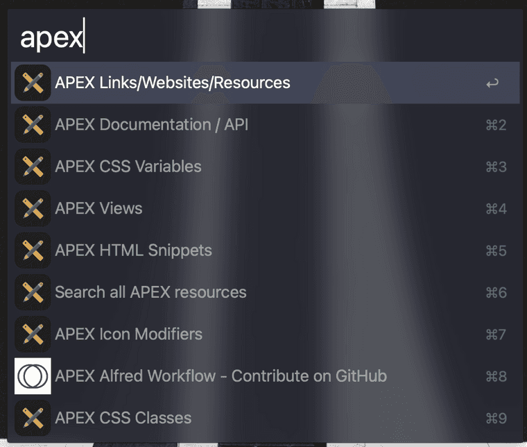 Typing apex into the spotlight reveals several submenus like Documentation, Icons, CSS, Views, and more.