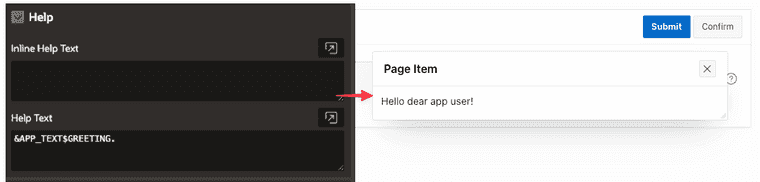 Shows the use of the substitustion string in the inline help of a page item. On the right side you see the result in the app with the replaced text.