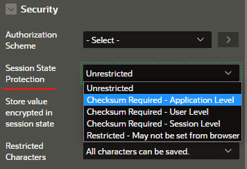 Screenshot of itemlevel setting:  Session State Protection