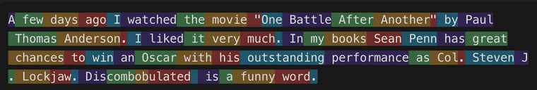 A few sentences about the movie 'One Battle After Another' broken down into tokens. It has 258 characters and 60 tokens with the GPT4o tokenizer.