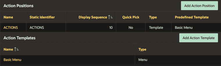 The sections 'Action Positions' and 'Action Templates' in the edit Plug-In page. Both have an entry defined.